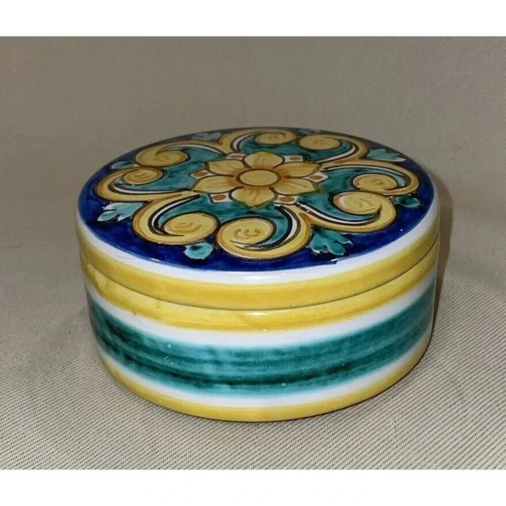 Mexican Talavera Pottery Round‎ Trinket Box Dish Jewelry Floral Flowers Colorful